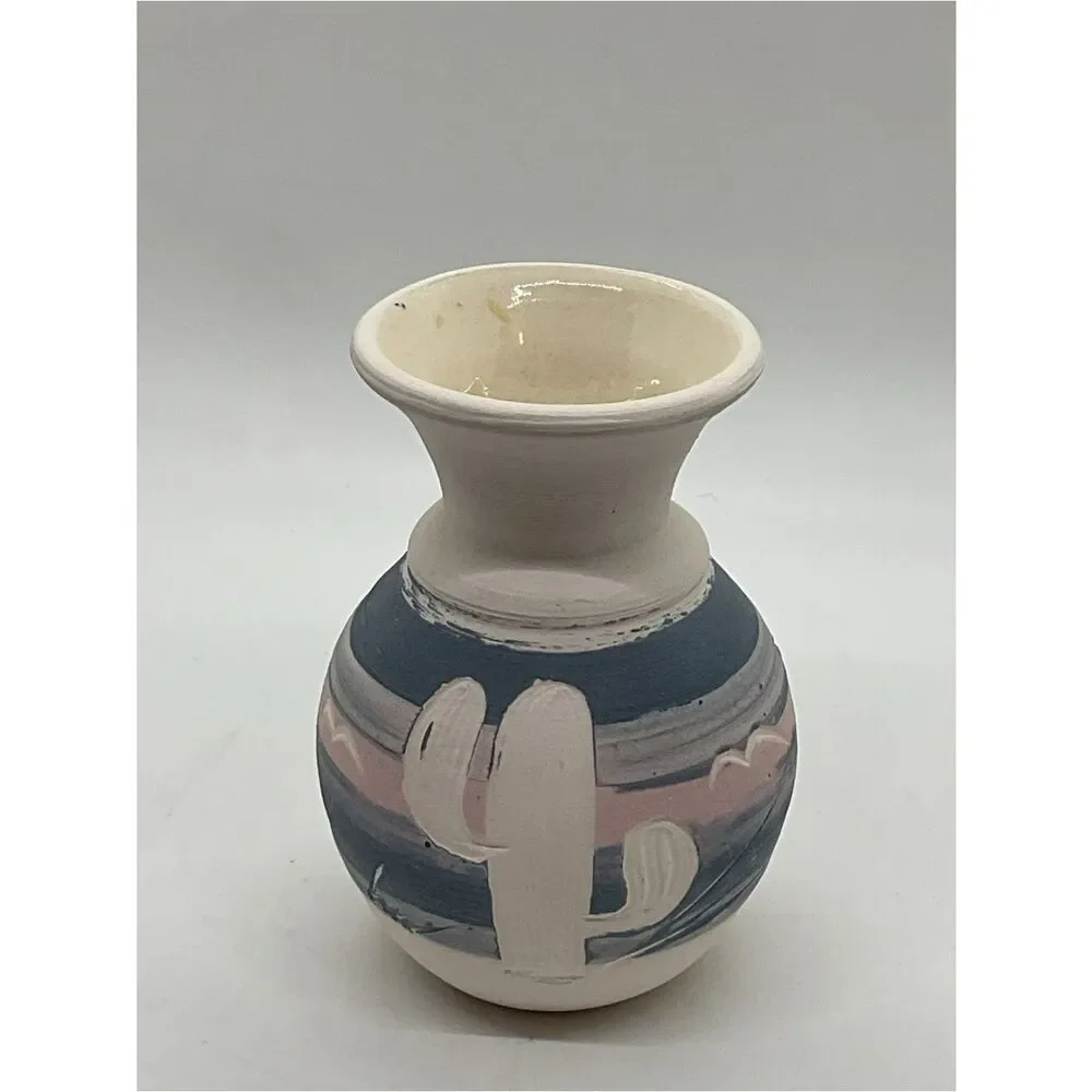 Acevloza Mexican Hand-Painted Ceramic Cactus Vase in Blue and Pink
