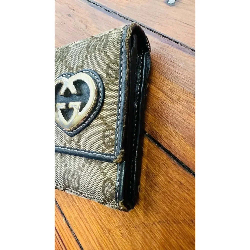 GUCCI Brown Tan GG Logo Canvas Leather Heart Jacquard Leather Trim Wallet