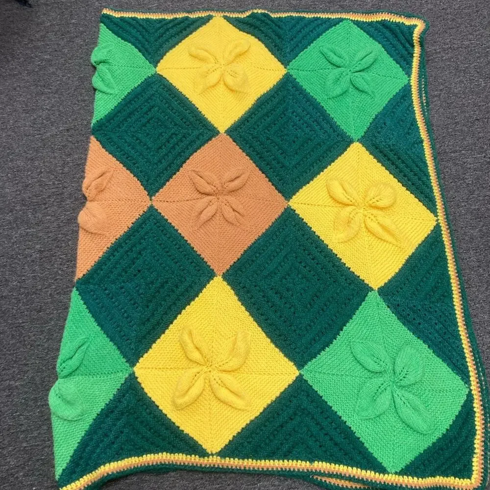 Hand Knit Afghan Granny Squares Green Yellow Brown