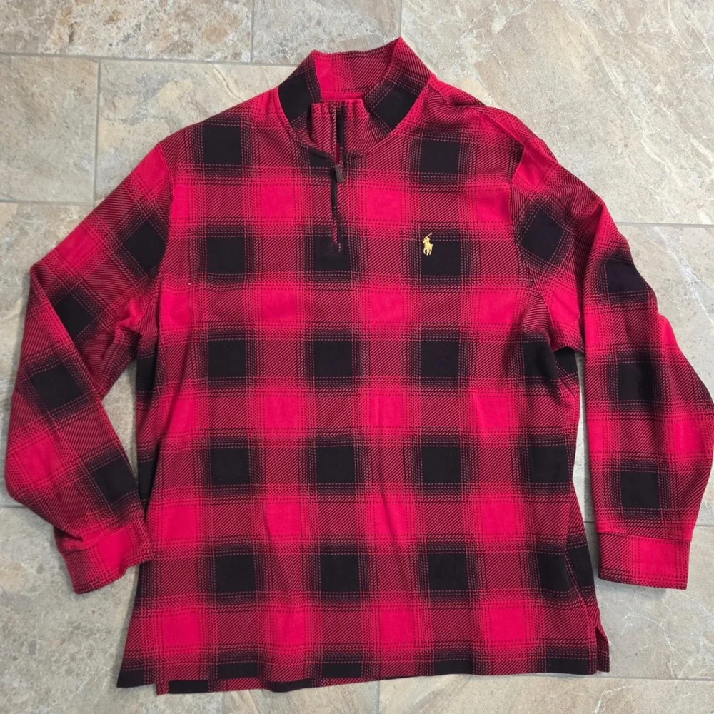 Polo Ralph Lauren Mens XL Red Black‎ Buffalo Plaid Quarter Zip Cotton Pullover