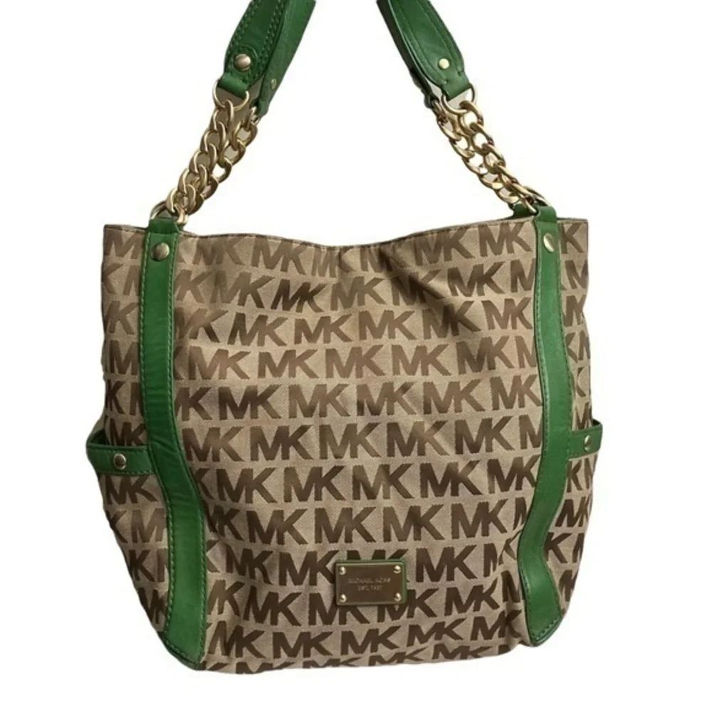 Michael Kors signature mk brown with green leather shoulder bag