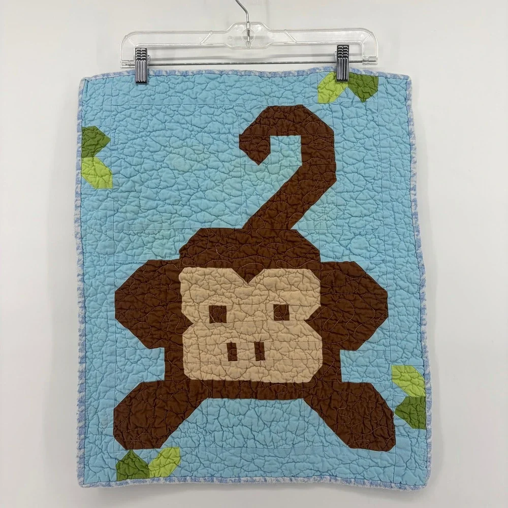 Handmade Monkey Pixel Block Quilt Small Baby Blanket Wall Hanging Blue Brown 21