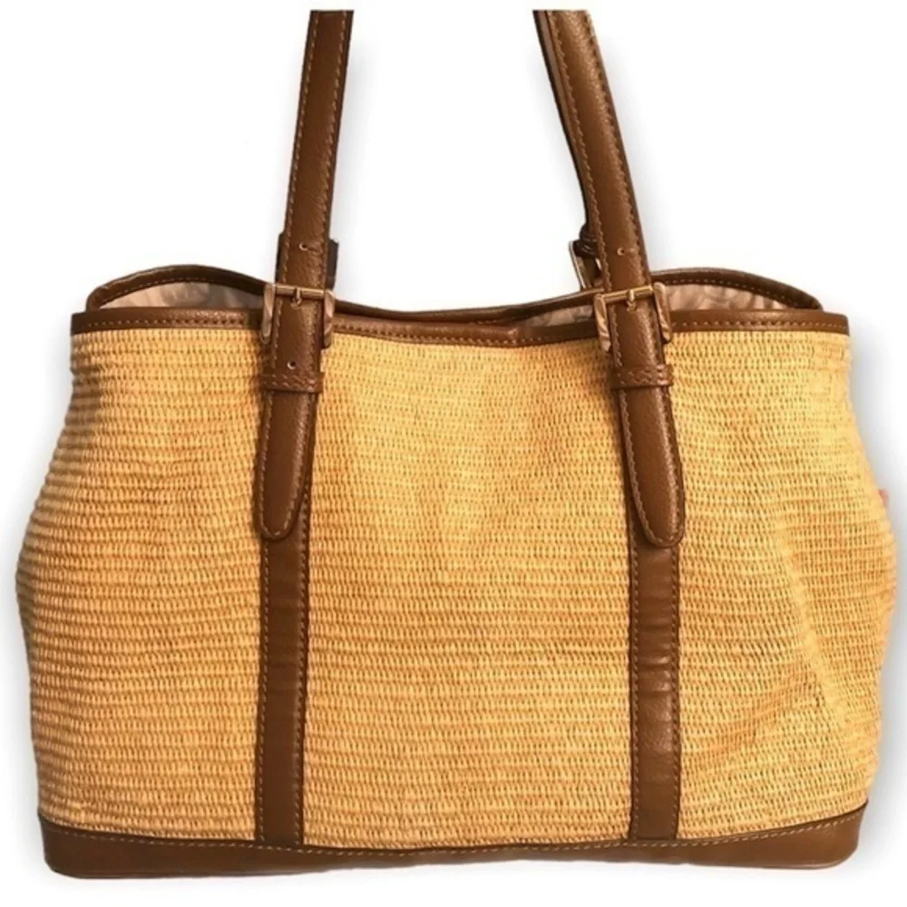 Michael kors brown leather and wicker tote bag with detachable pouch