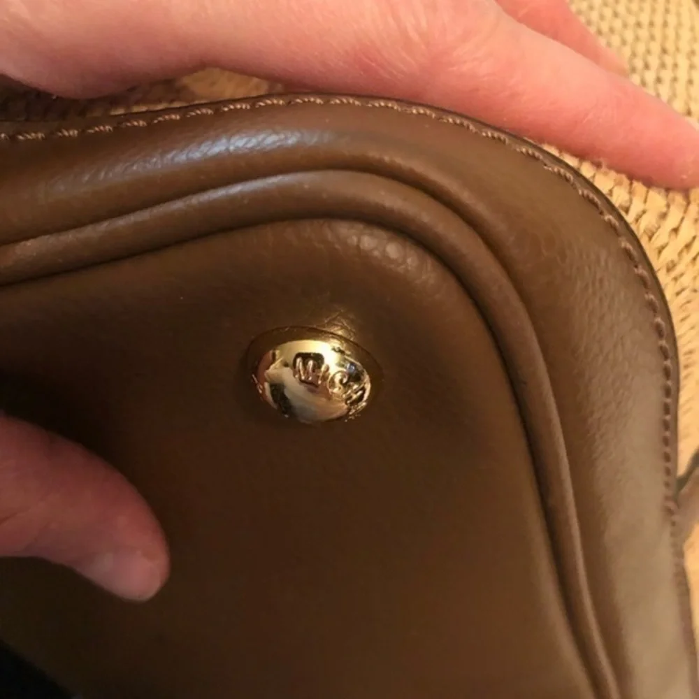 Michael kors brown leather and wicker tote bag with detachable pouch