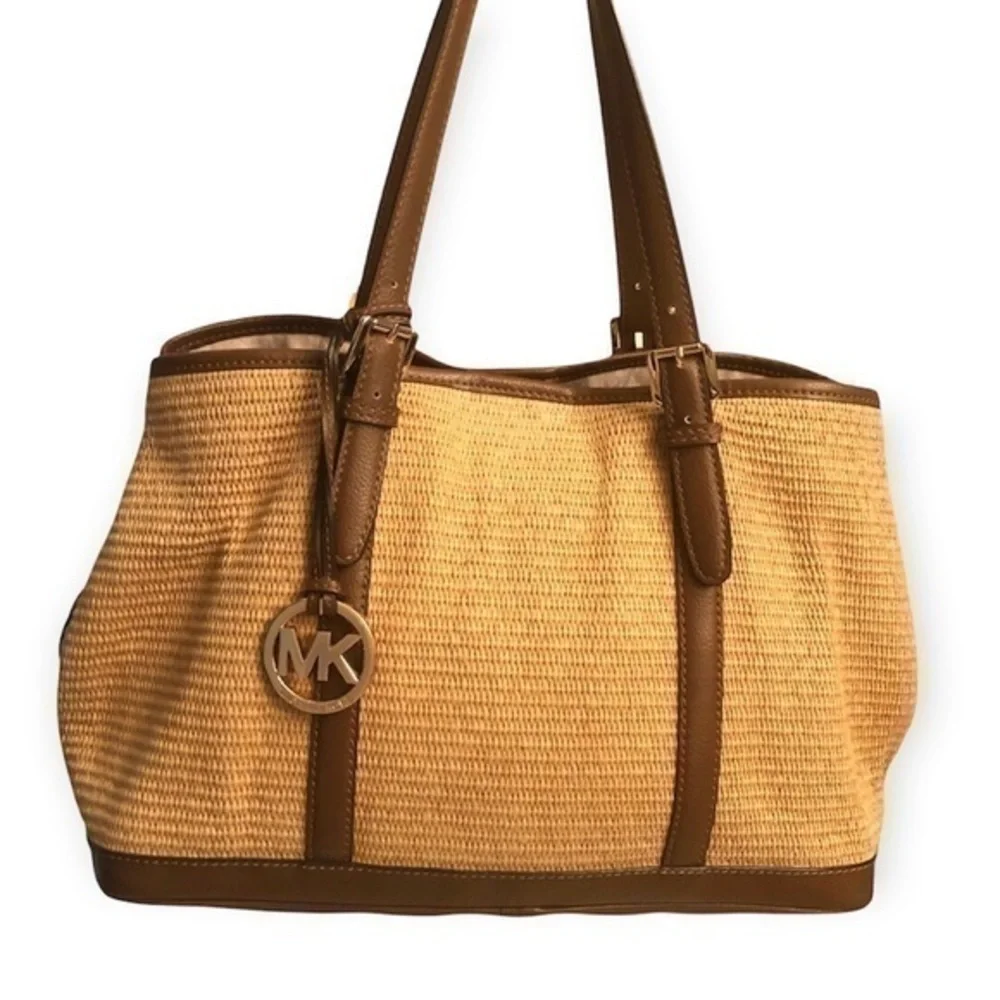 Michael kors brown leather and wicker tote bag with detachable pouch