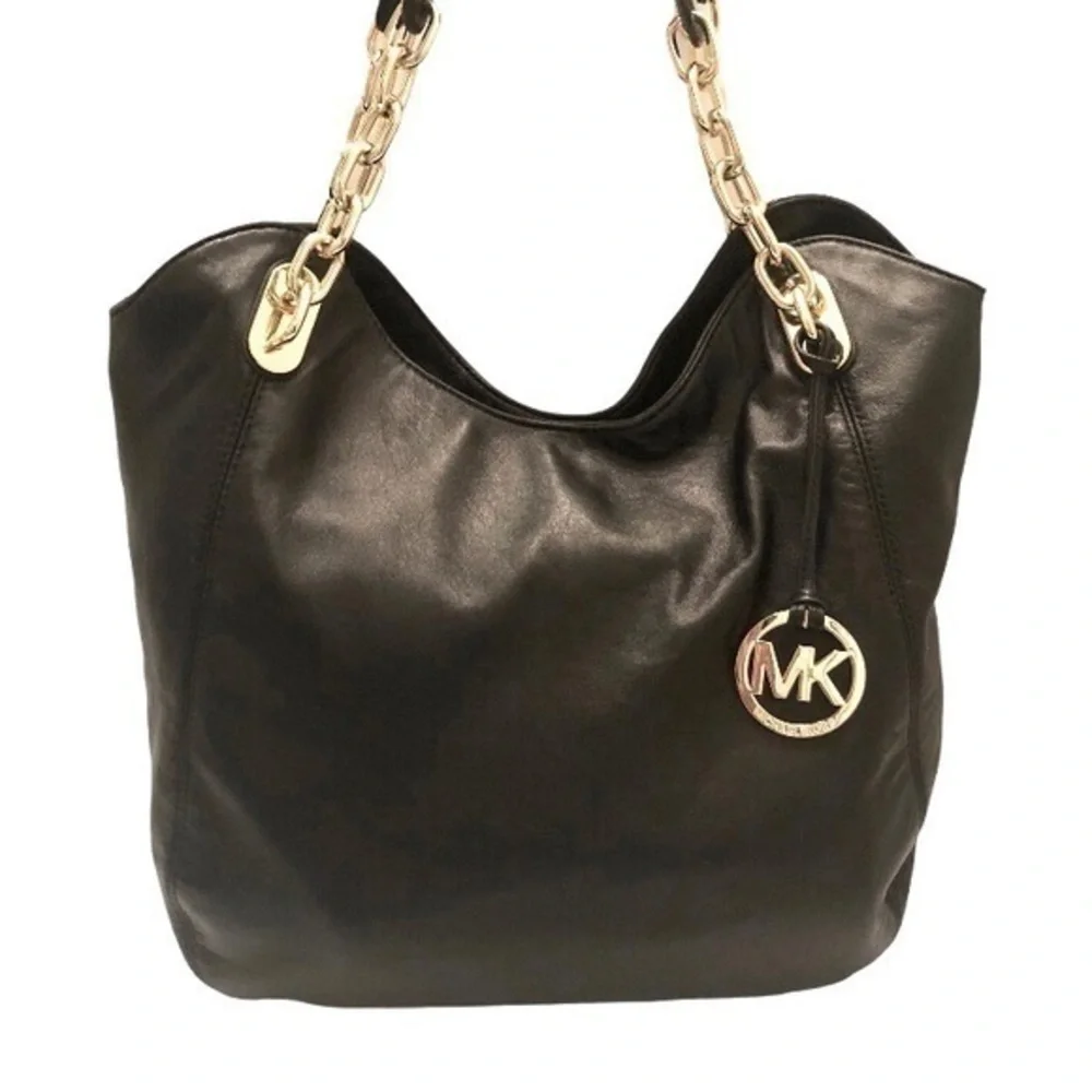 Michael kors black leather chain link tote bag