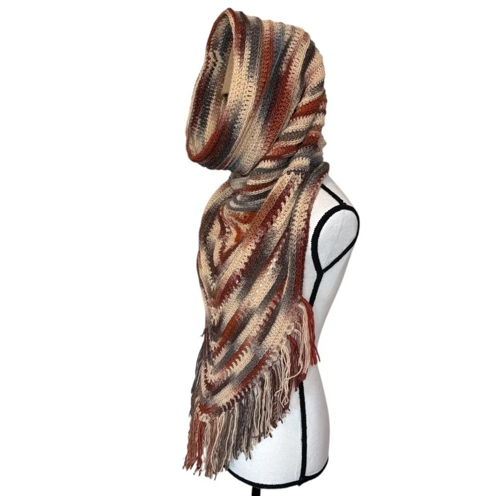 Handcrafted Crochet Hooded Cowl Scarf With Fringe New Handmade by Seller Knit