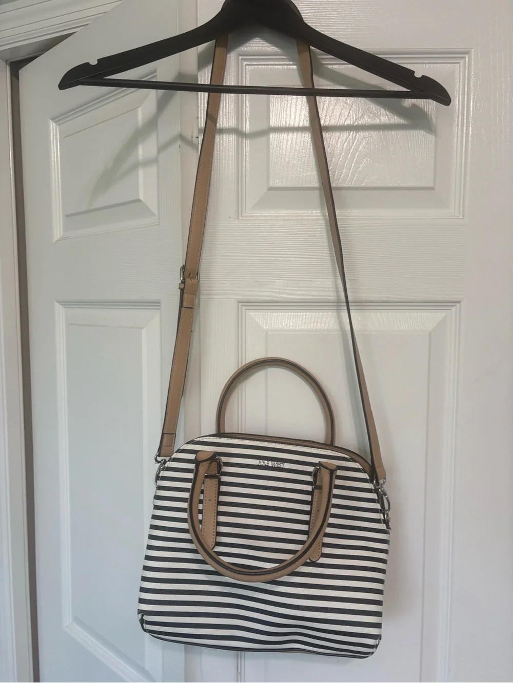 Nine West Black & White Striped Satchel Crossbody Purse