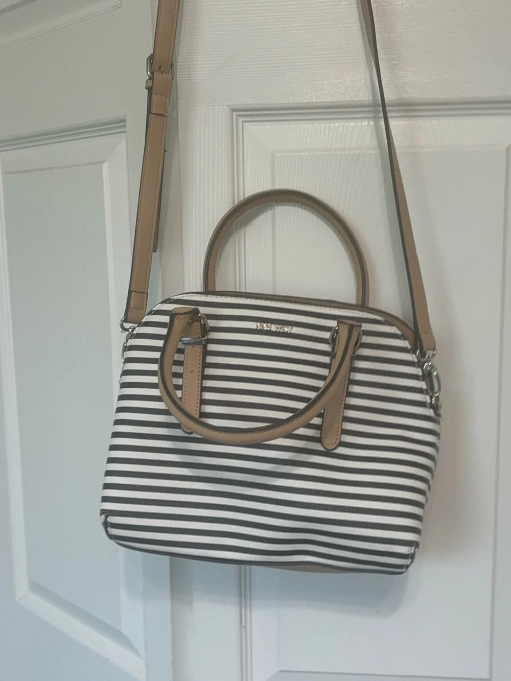 Nine West Black & White Striped Satchel Crossbody Purse