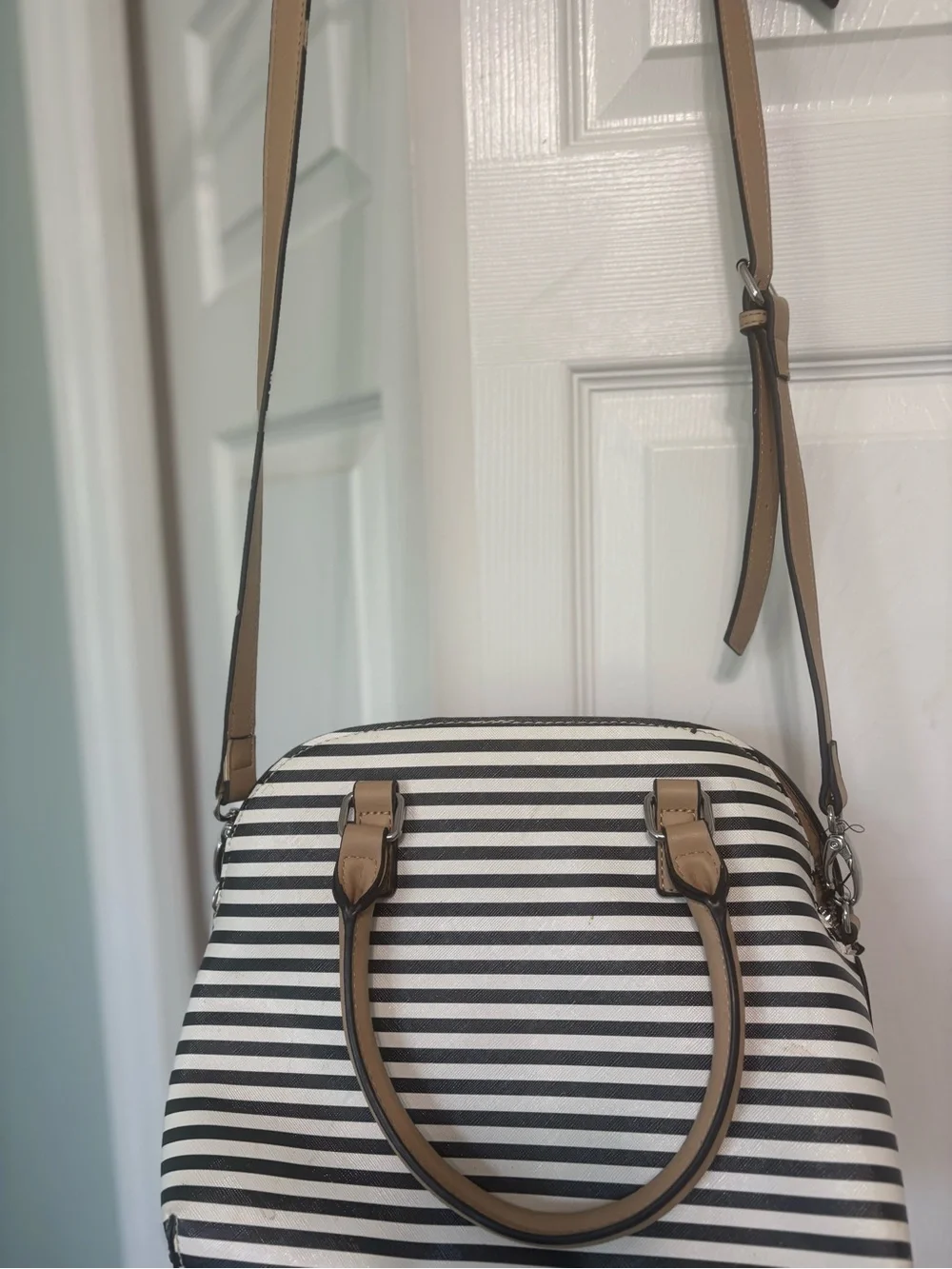 Nine West Black & White Striped Satchel Crossbody Purse