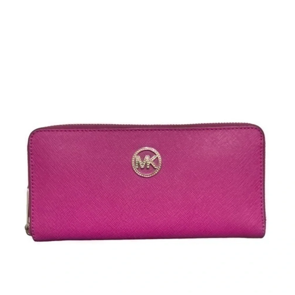 Michael Kors pink zipper clutch wallet with rhinestone mk rare