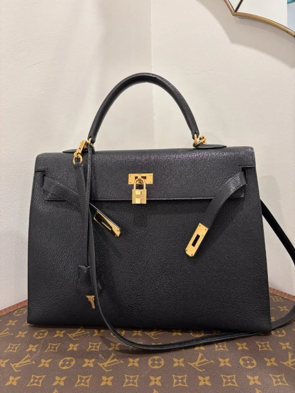 Authentic HERMES KELLY 35 black Chèvre de Coromand leather gold hardware RARE ⭐️