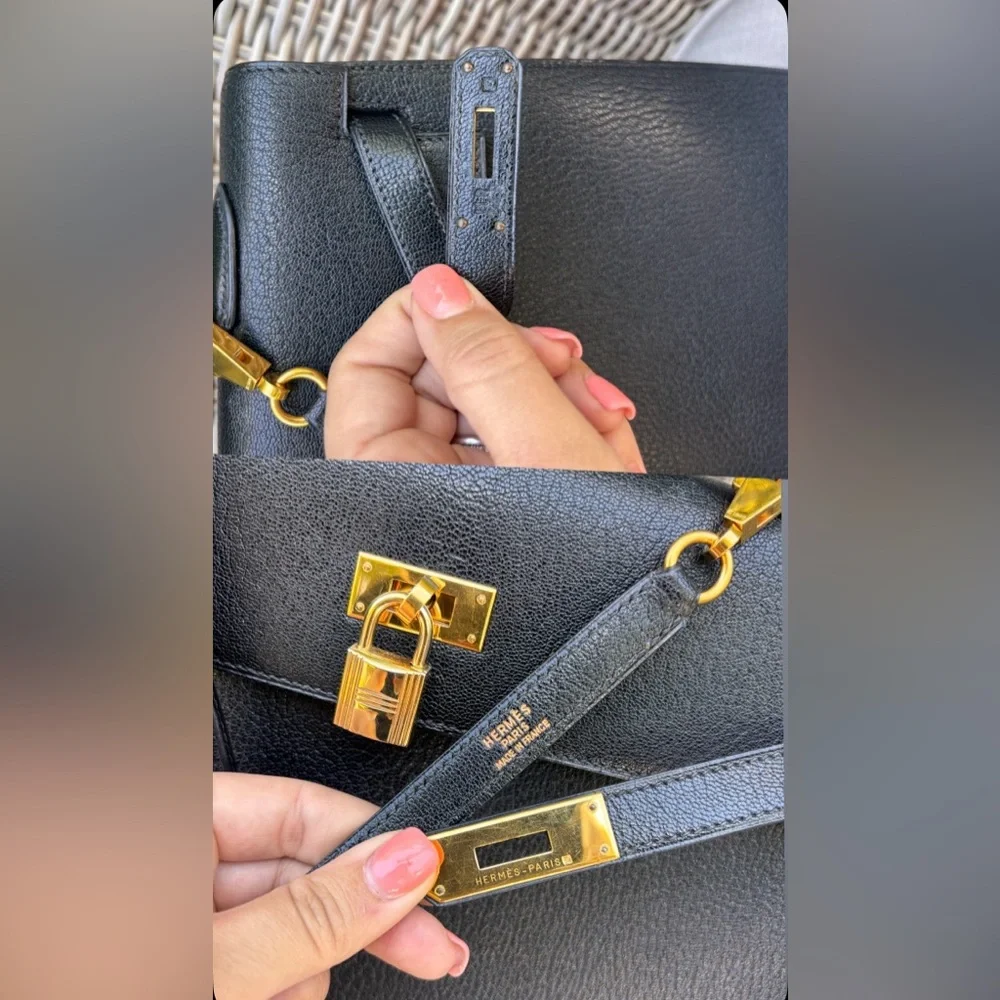 Authentic HERMES KELLY 35 black Chèvre de Coromand leather gold hardware RARE ⭐️