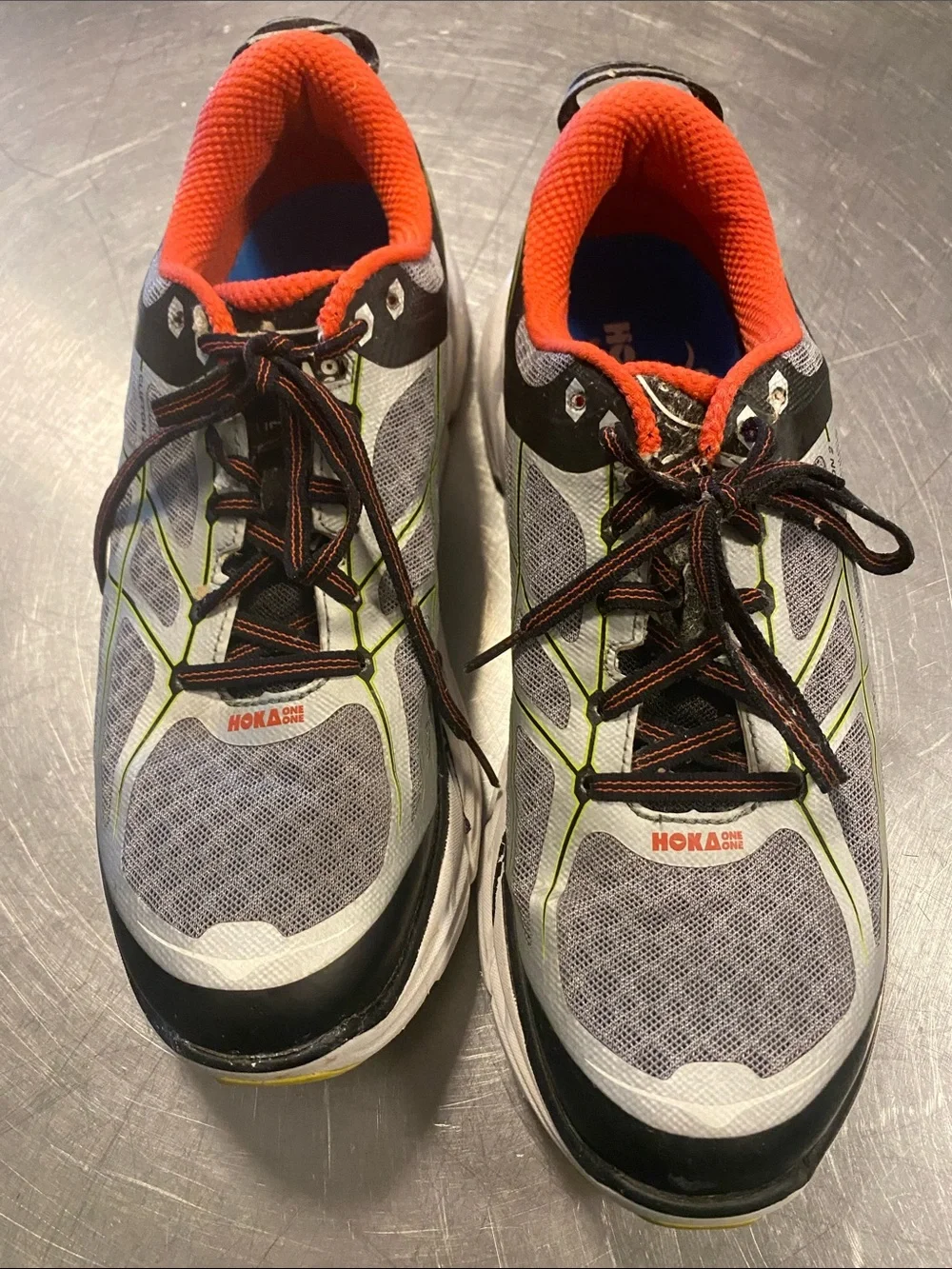 Hoka One Men’s Athletic Shoes — Gray, Orange & Lime Accents size 9