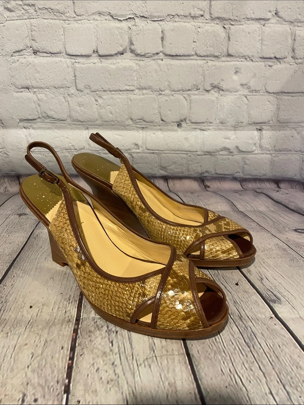 Cole Haan Brown Woven Peep-Toe Slingback Wedges • Sz 10