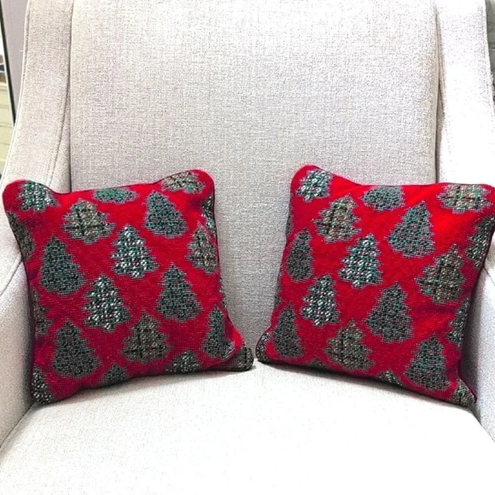 Festive Red & Green Needlepoint Christmas Tree Holiday Pillows Vintage Set of 2