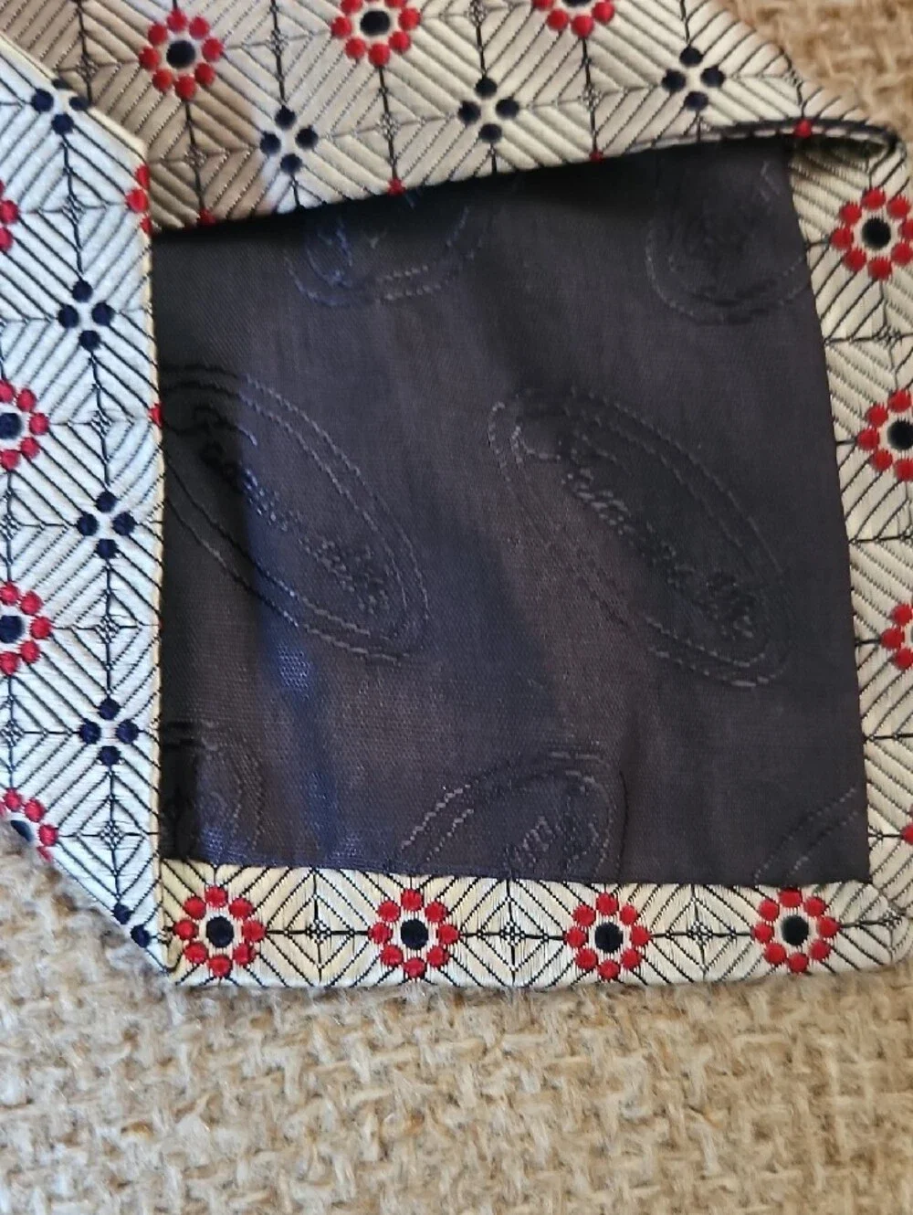 Faconnable Ivory Tie with Red Geometric Motif