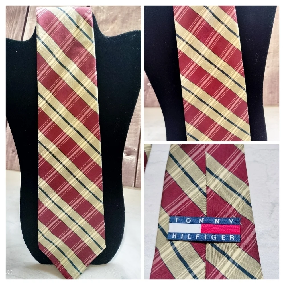 Tommy Hilfiger Red and Cream Plaid Checks Italian Silk Tie Necktie Traditional