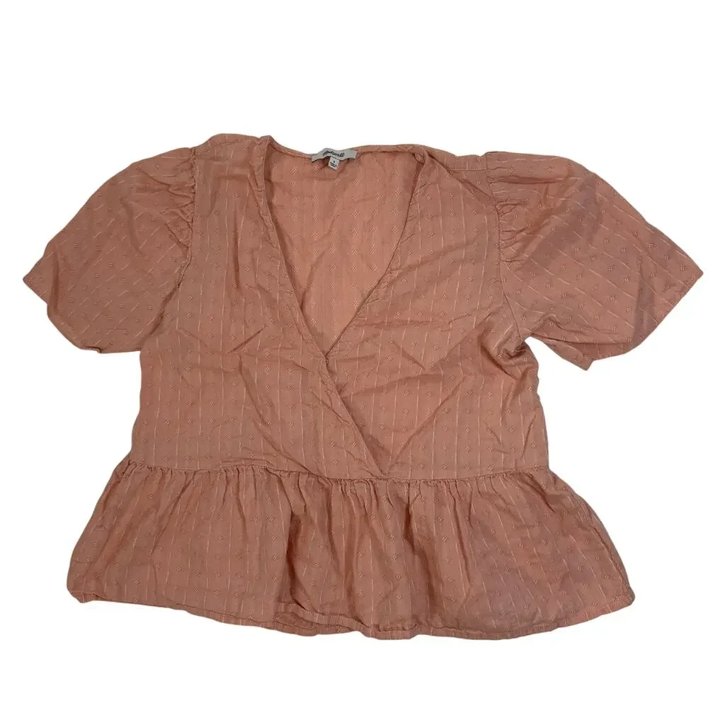 Madewell Women's Small Peach Peplum Blouse Shirt Cotton Wrap V-Neck