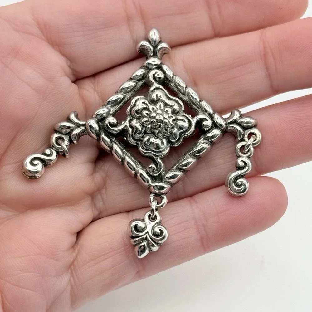Brighton Silver Tone Brooch Diamond Shape Fleur de Lis Flower Dangle Charm Pin