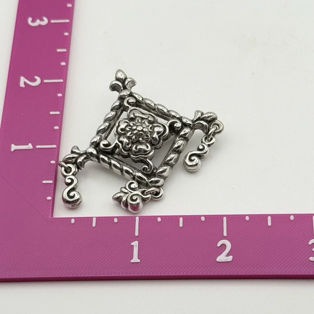 Brighton Silver Tone Brooch Diamond Shape Fleur de Lis Flower Dangle Charm Pin