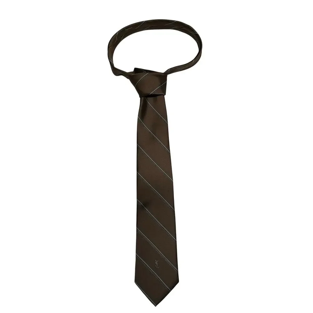 Yves Saint Laurent Brown Silk Stripe Tie YSL Logo Designer Necktie