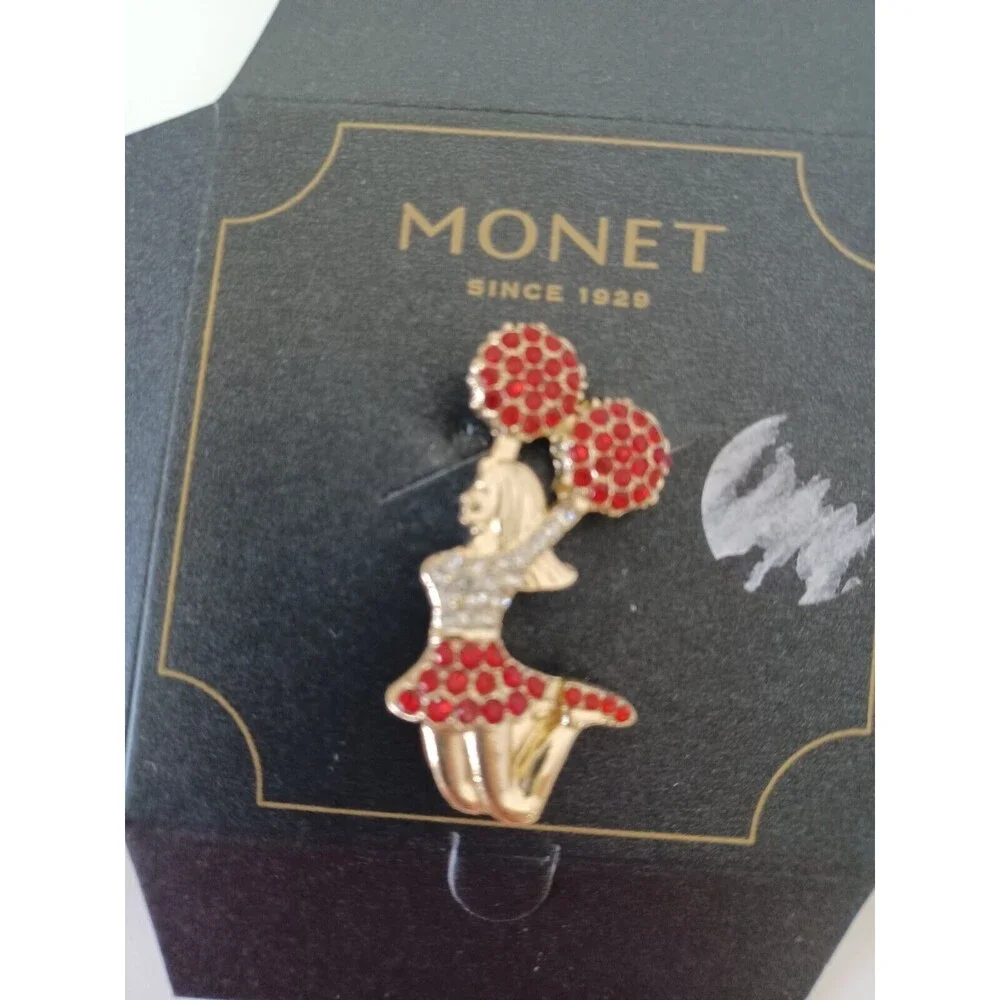 Monet Cheerleader Brooch Pin Red White Rhinestones Goldtone‎
