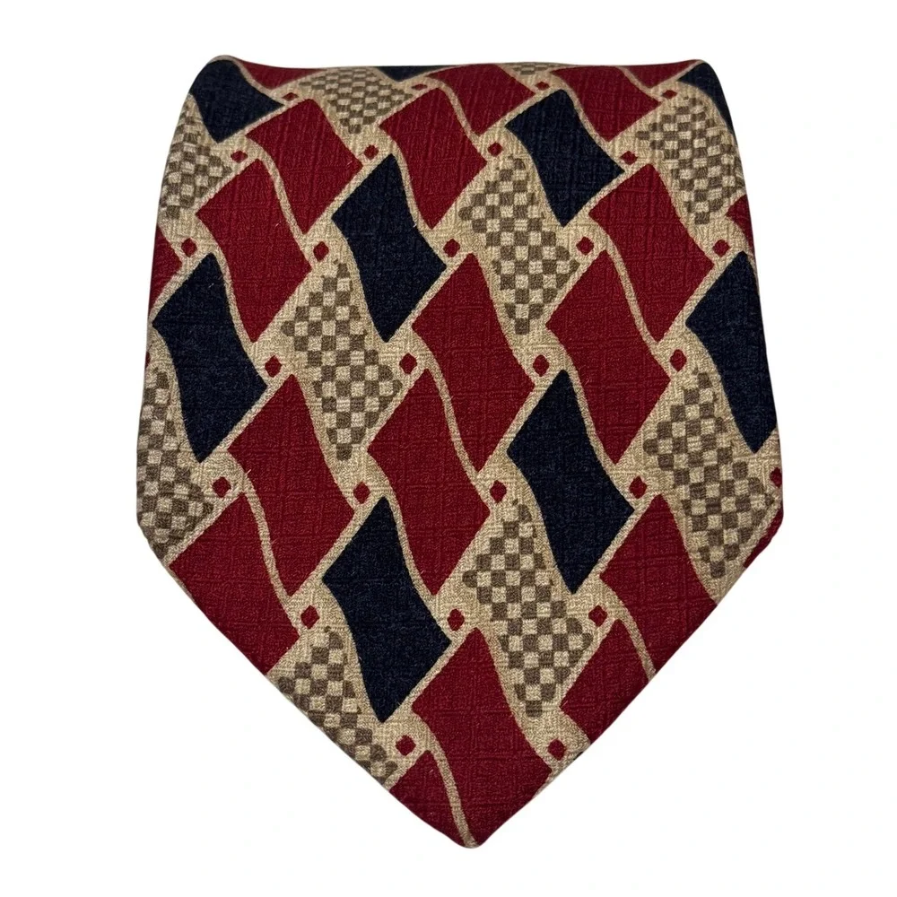 Vintage Brooks Brothers Tie Mens Burgundy Navy Geometric 100% Silk Made in USA