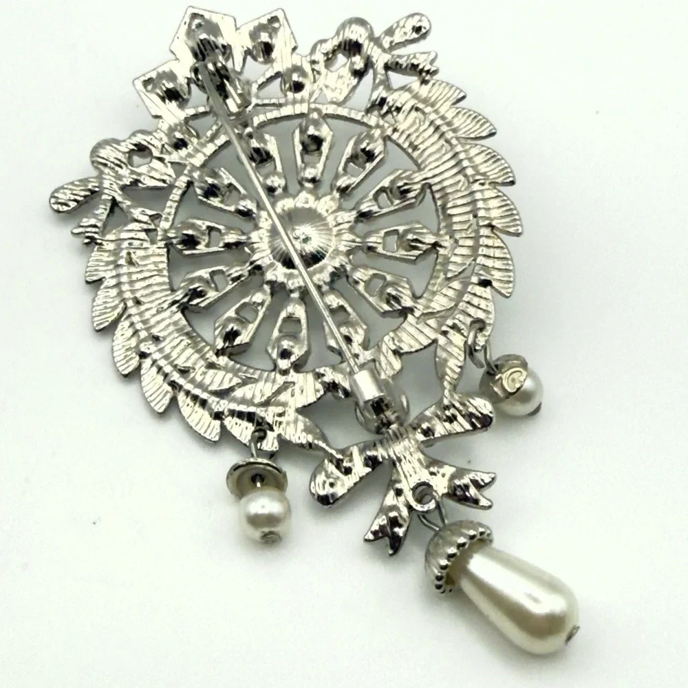 Vintage Style Rhinestone Faux Pearl Dangle Brooch Silver Tone Large 3.5