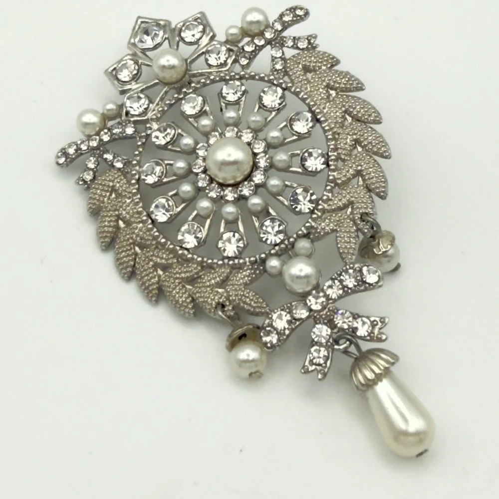 Vintage Style Rhinestone Faux Pearl Dangle Brooch Silver Tone Large 3.5