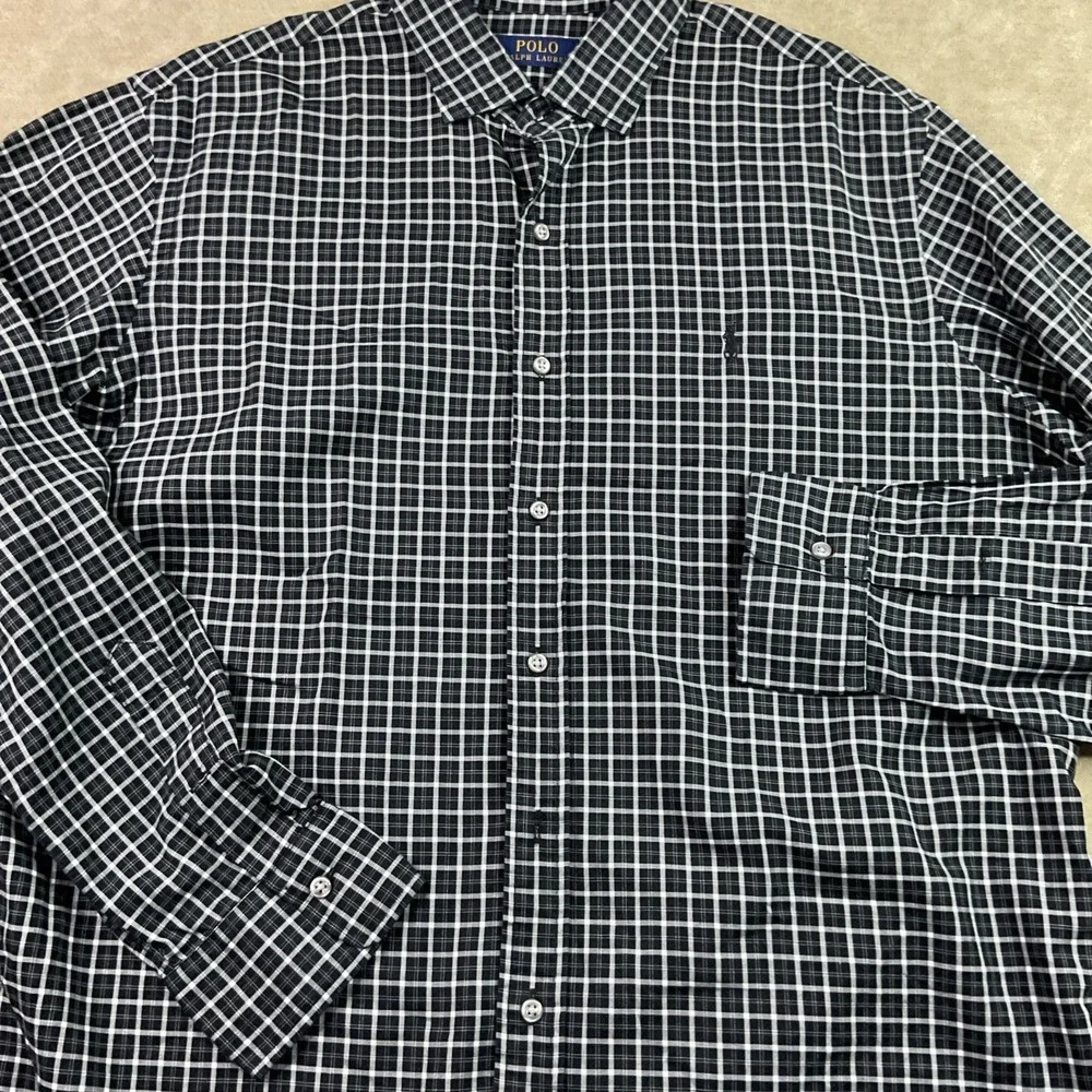 Polo Ralph Lauren Shirt Men Sz XL Plaid Checks Black White Long Sleeve Button Up
