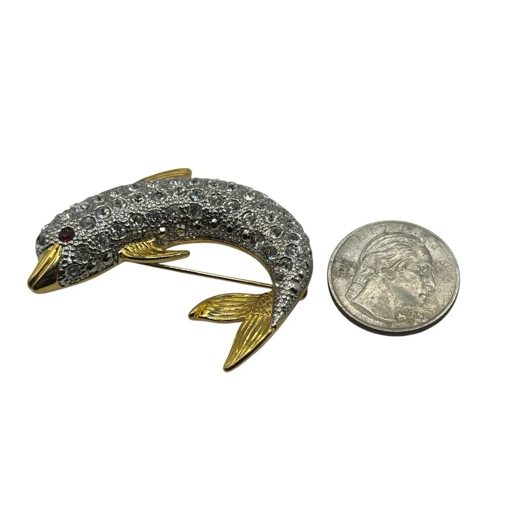 Vtg Dolphin Brooch Pin By P.‎ S. Co. Rhinestone Gold Tone Y2K Dated 2000 Ocean