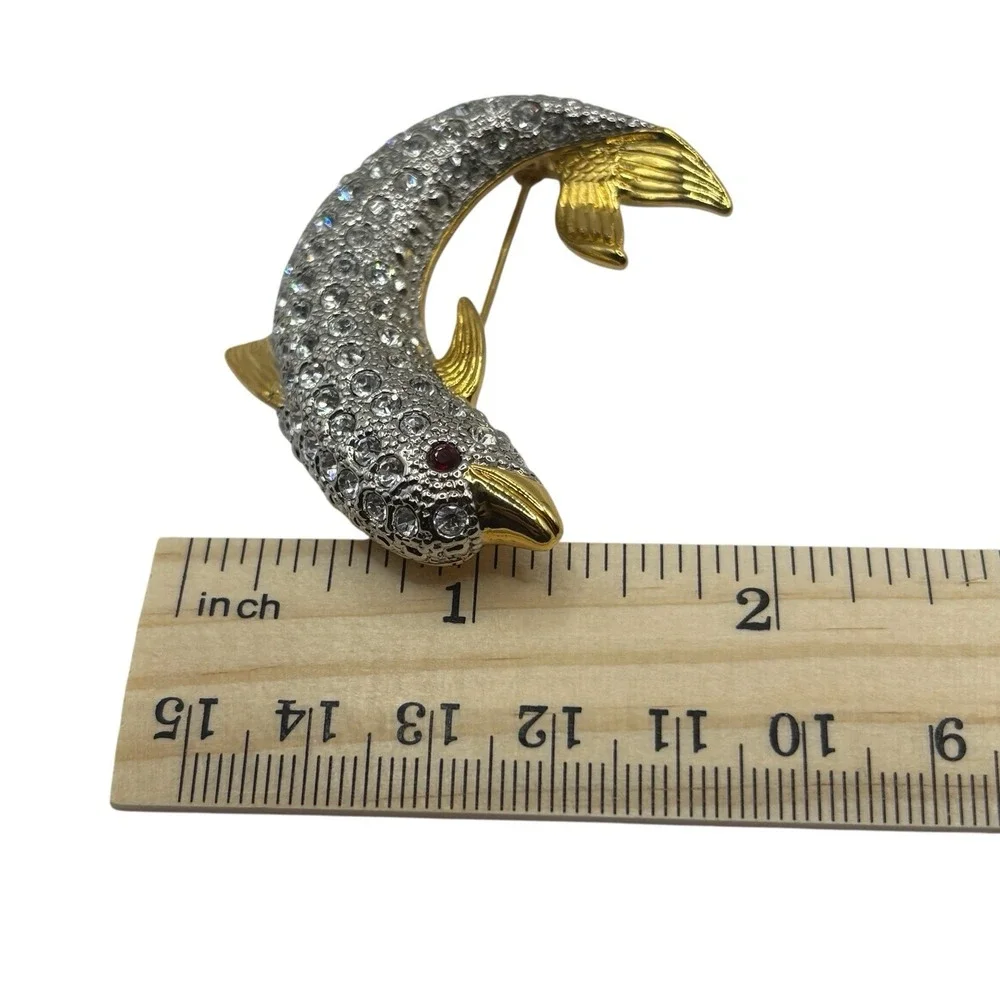 Vtg Dolphin Brooch Pin By P.‎ S. Co. Rhinestone Gold Tone Y2K Dated 2000 Ocean