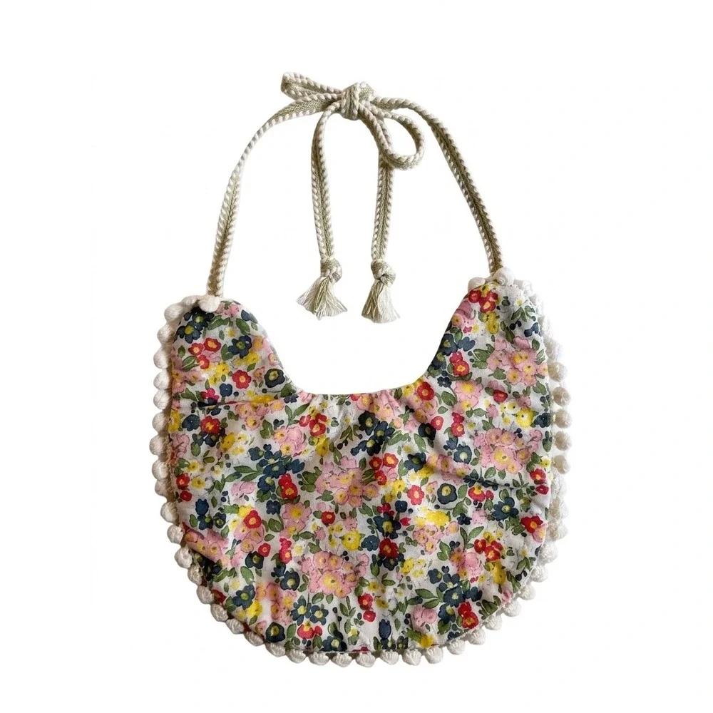 Handmade Reversible Floral Gingham Baby Bib Pom Pom Trim Green Multi‎ Color
