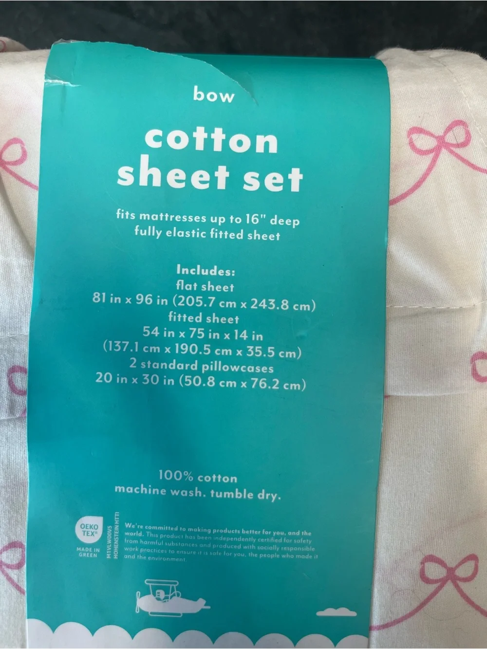 Pillowfort Pink Bow Cotton Sheet Set - White Background