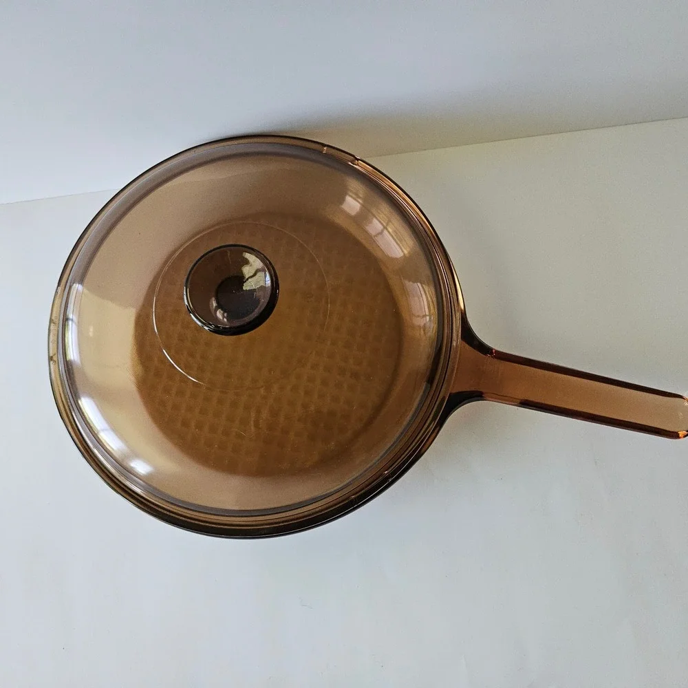 Vtg Corning Vision Ware Waffle Bottom 10in Frying Pan Skillet w Lid Amber Glass