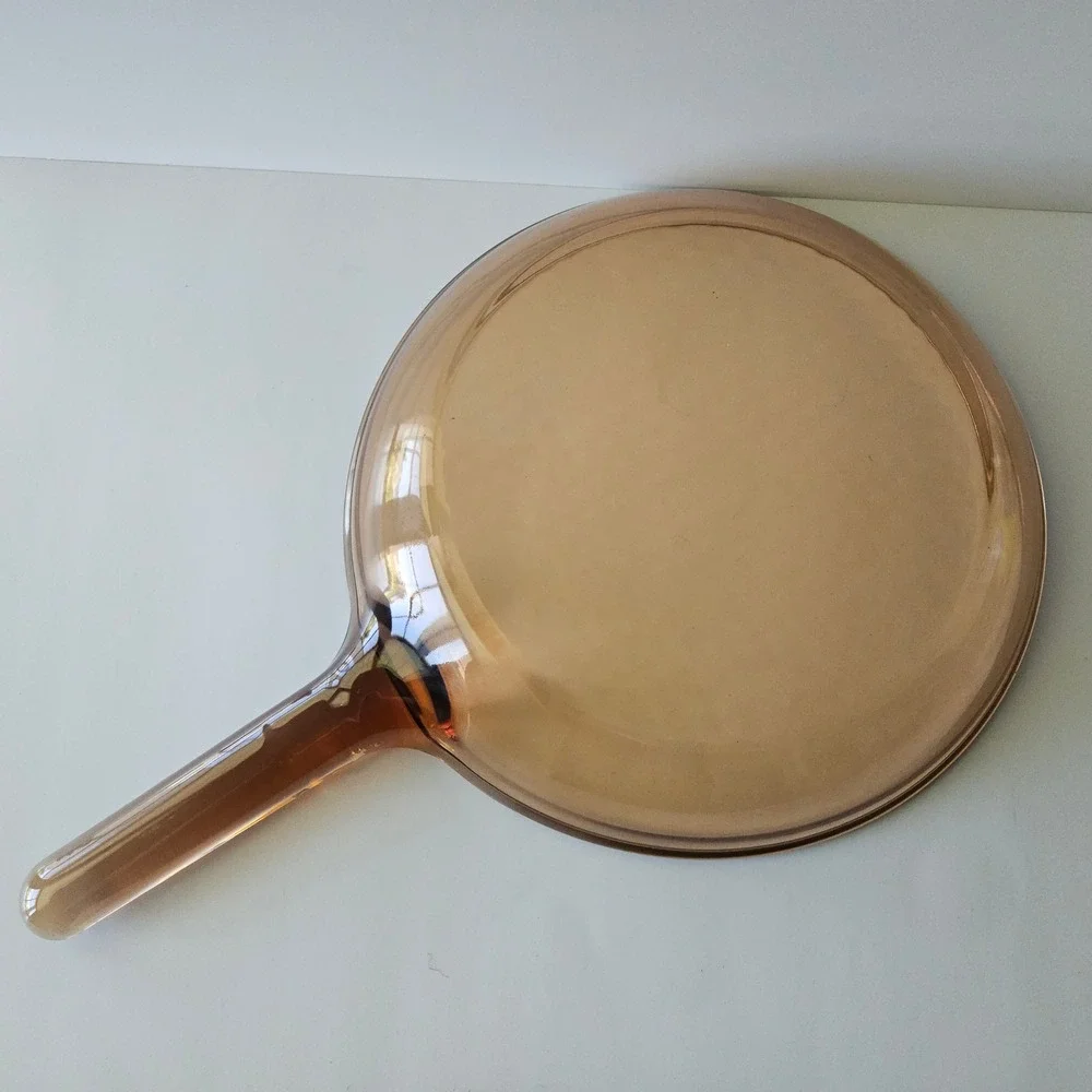 Vtg Corning Vision Ware Waffle Bottom 10in Frying Pan Skillet w Lid Amber Glass