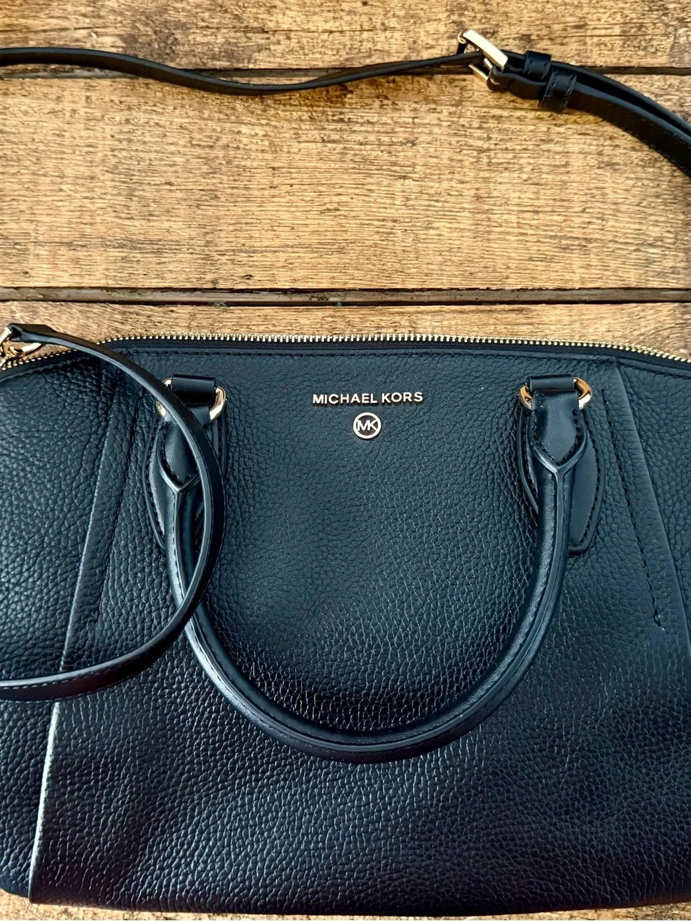 Michael Kors Black Pebbled Leather Top-Handle Satchel with Gold Hardware