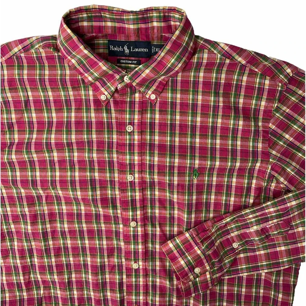 Polo Ralph Lauren Shirt Men Sz XL Custom Fit Plaid Pink Spring Long Sleeve Pony