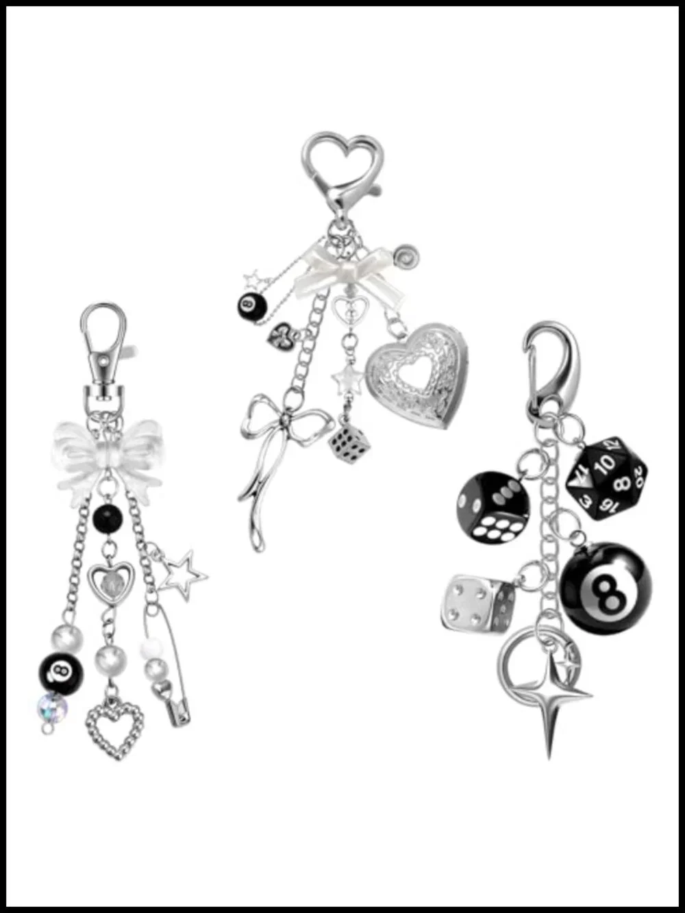 Y2K Goth Bag Charm Keychain Set - 8 Ball, Dice & Bow Charms for Purse
