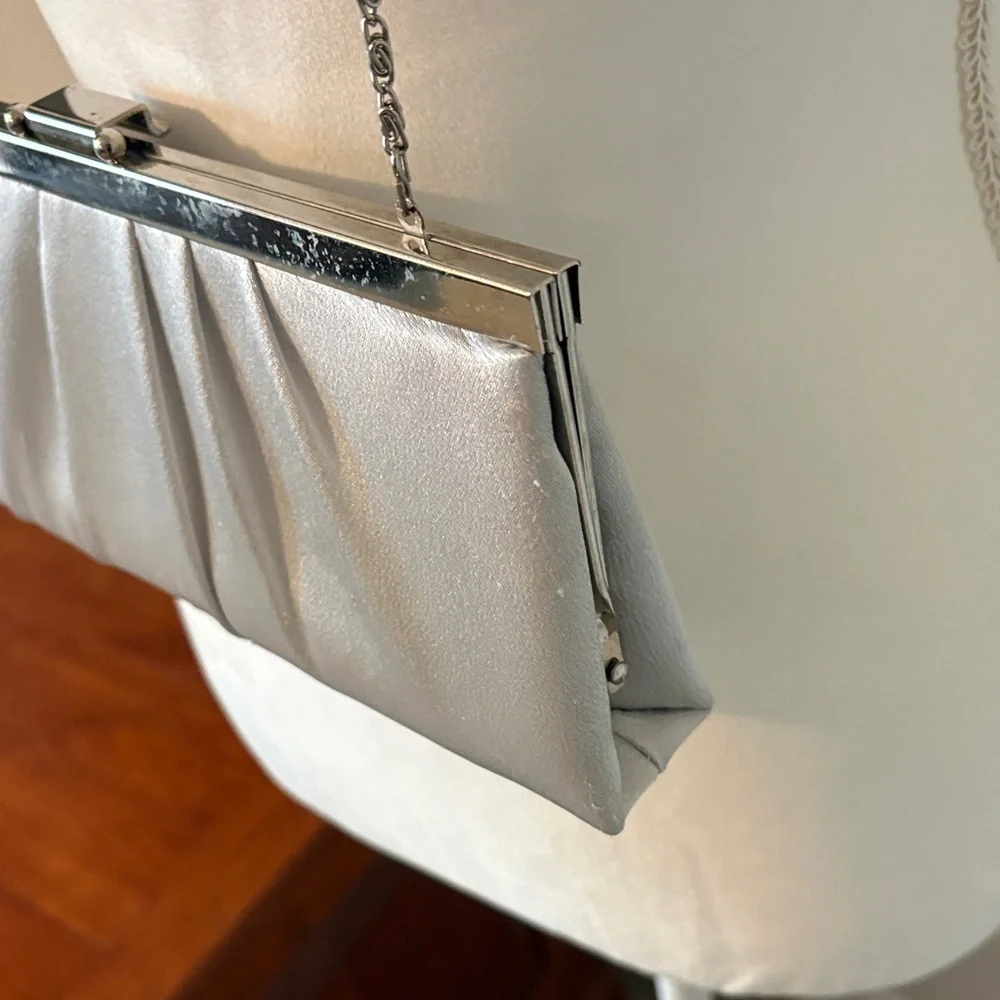 Gunne Sax Silver Satin Evening Clutch w/ Chain Strap | Formal Prom Wedding