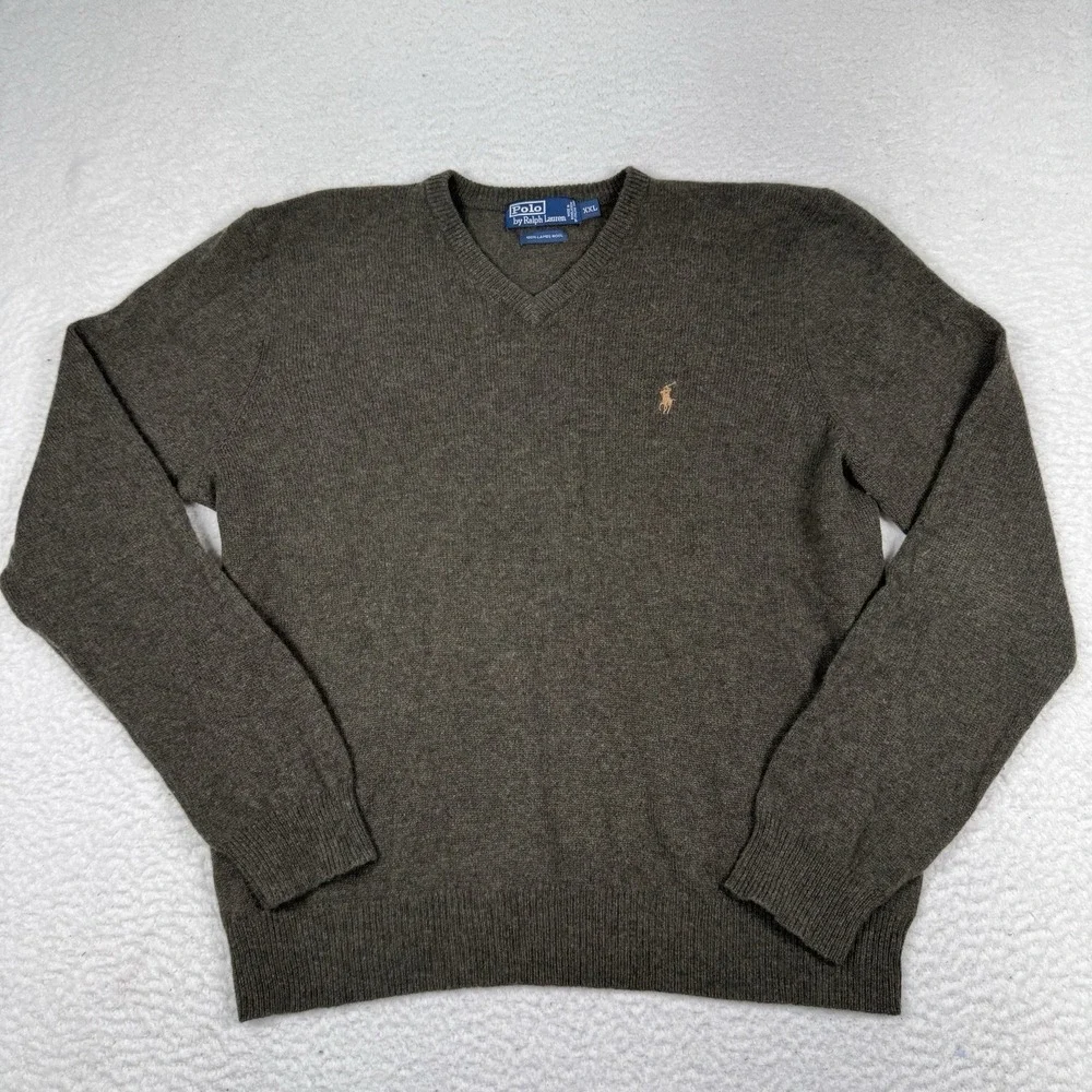 Polo Ralph Lauren Lambs Wool V-Neck Sweater Men's XXL Green Gold Pony