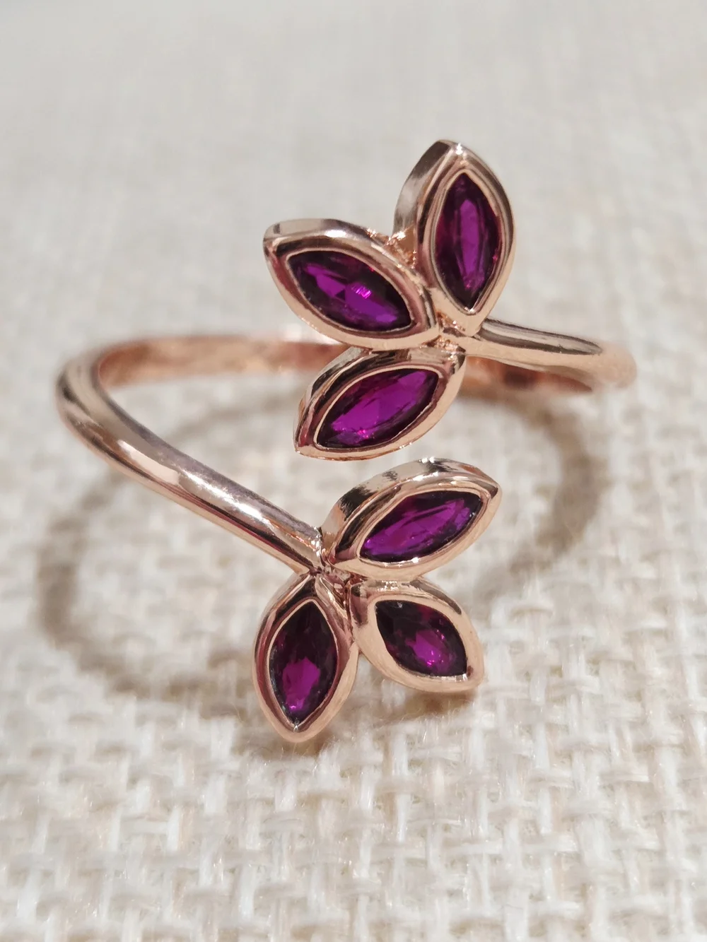 Rose Gold Leaf Ring with Cherry Red Garnets Gemstones -
