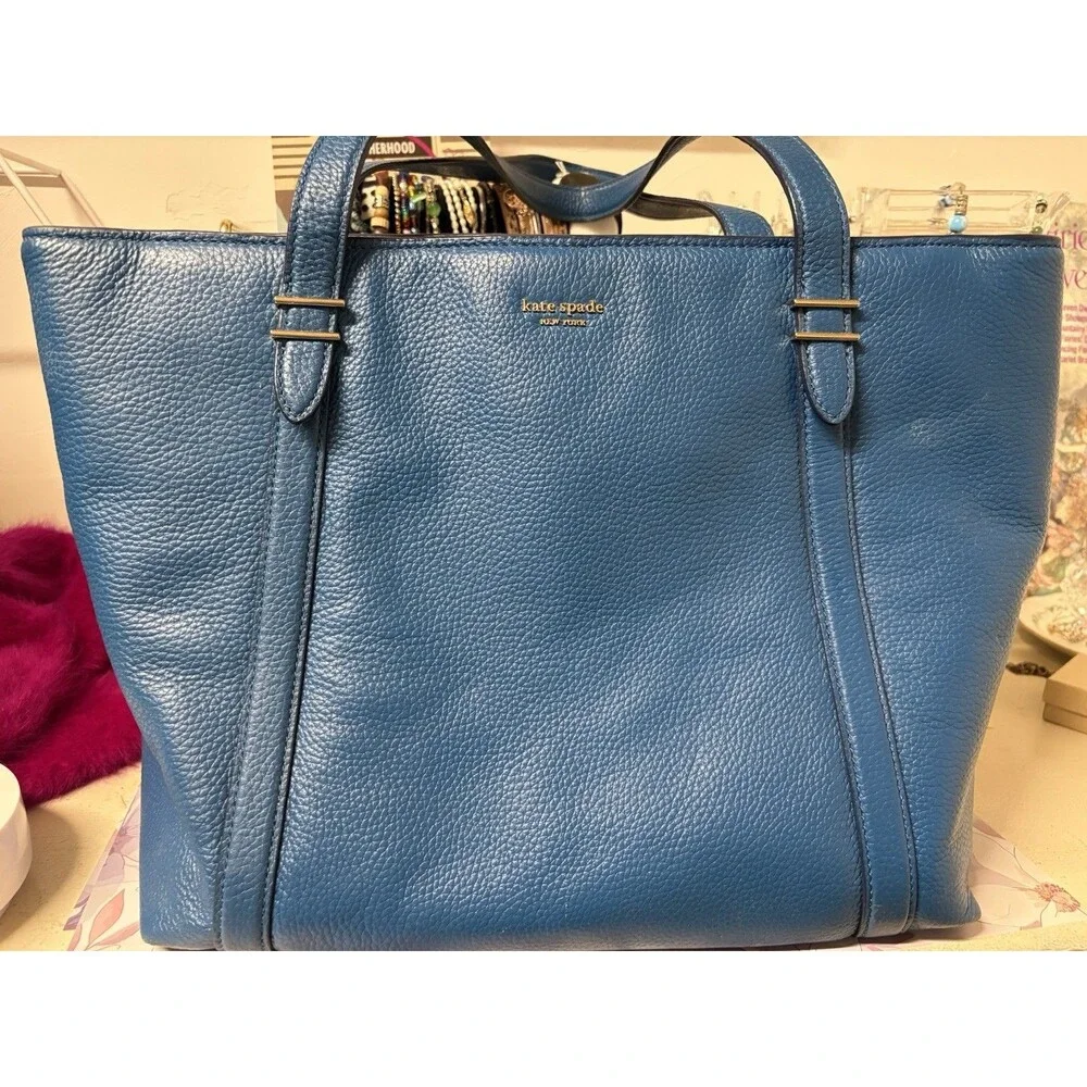 kate spade new york Blue Pebbled Tote Double Handles Gold Hardware Solid