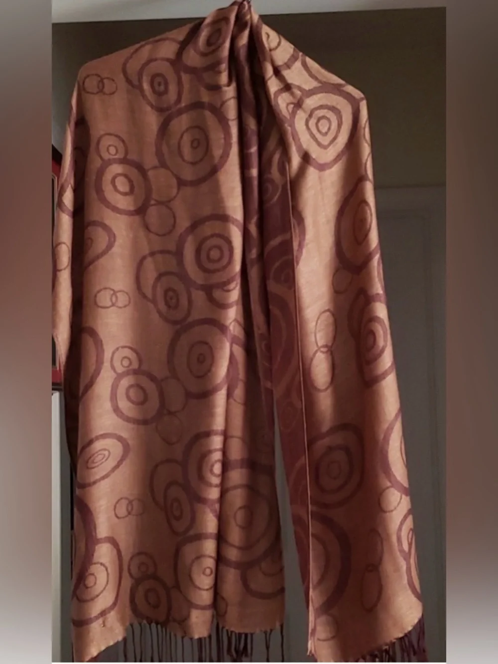 Pashmina Scarf Brown Geometric Circle Print Fringe Wrap Boho Chic