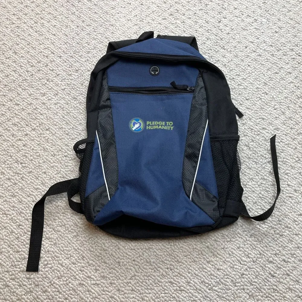 abPrime Pledge to Humanity Backpack Adult Unisex Blue Black Straps Mesh Pockets