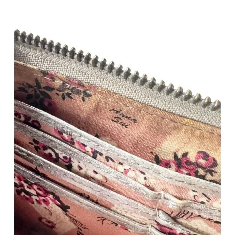 Anna Sui Silver Floral Long Wallet with Accent Chain and Gold Butterfly Emblem