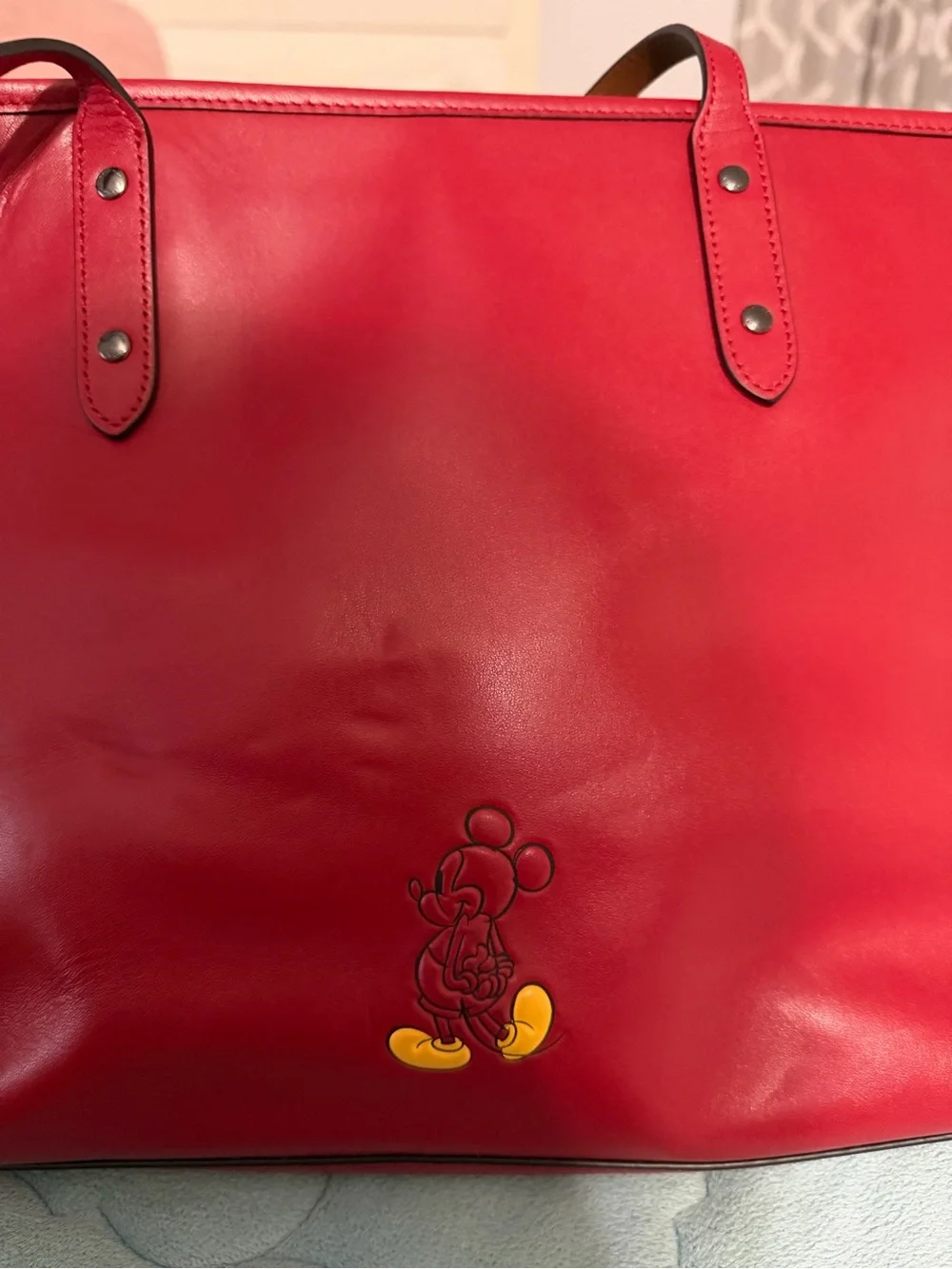Coach Red Leather Tote with Mickey Charm