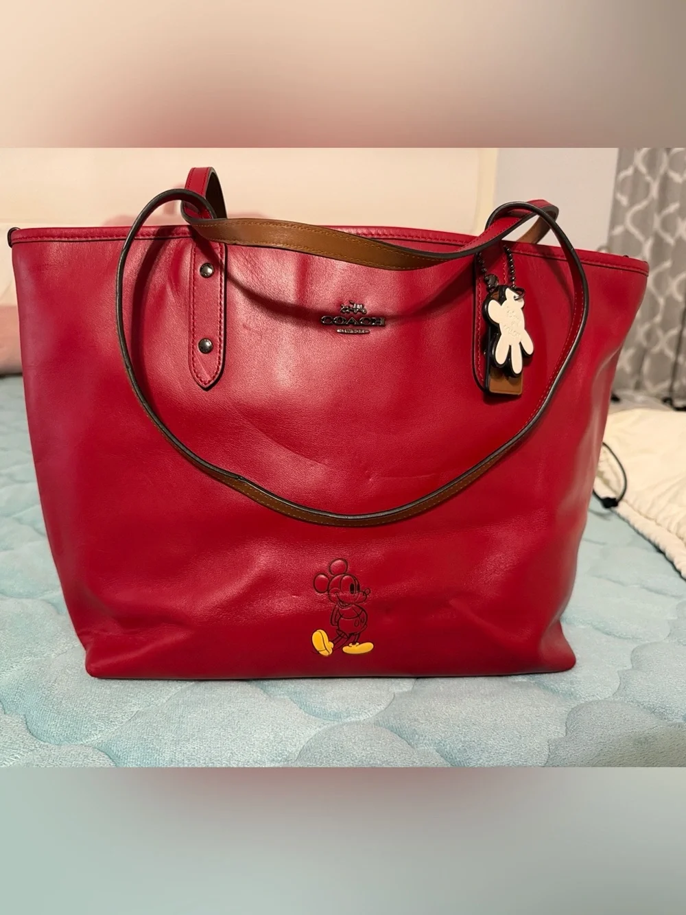 Coach Red Leather Tote with Mickey Charm