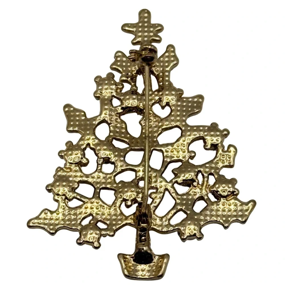 Vintage Christmas Tree Brooch Gold Tone Rhinestone Holiday Pin Red Blue Green